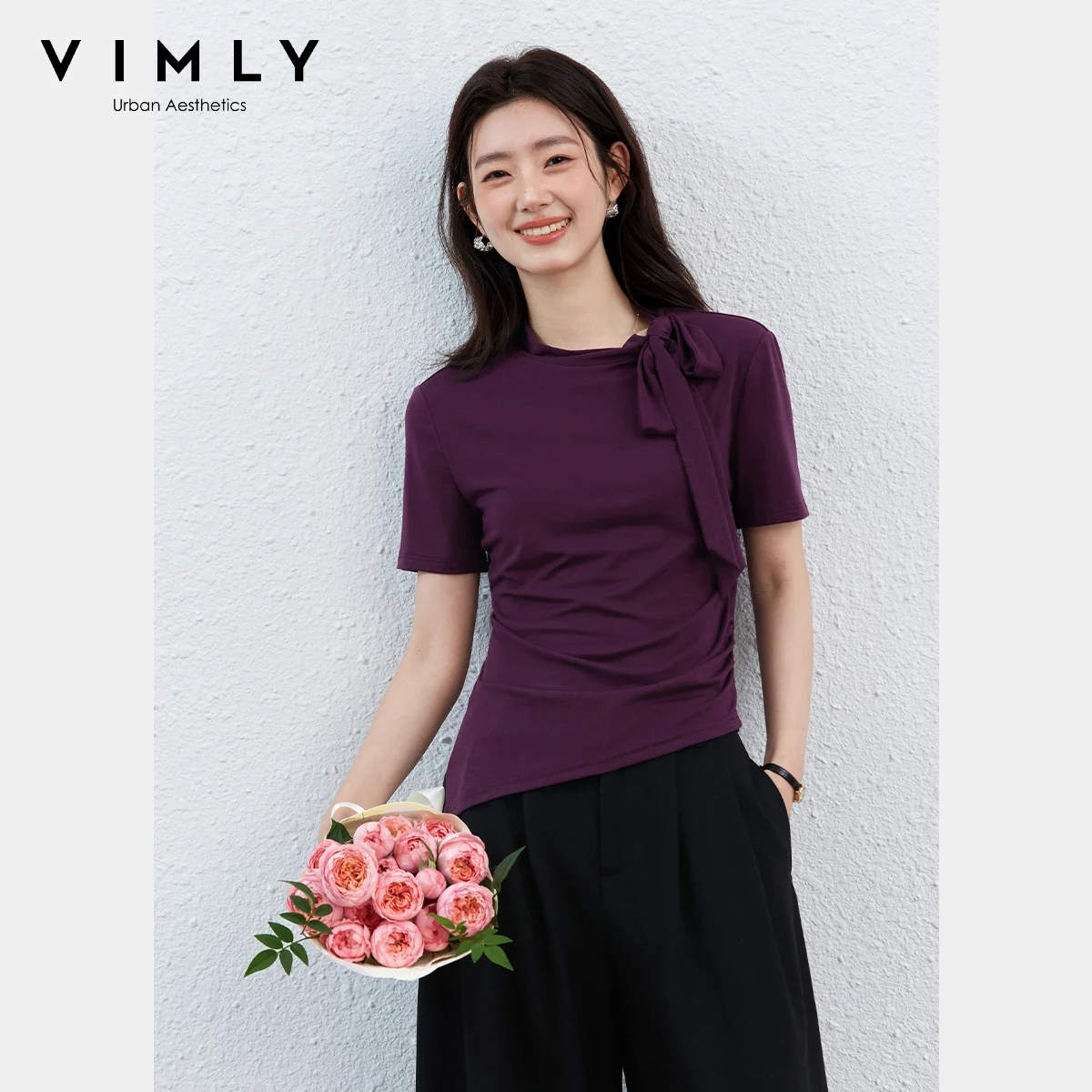 VIMLY Women's T-Shirt 2026 Summer New Elegant Fashion Adjustable Bow Tie Asymmetrical Hem Design Slim Fit Short Sleeve Top A5210