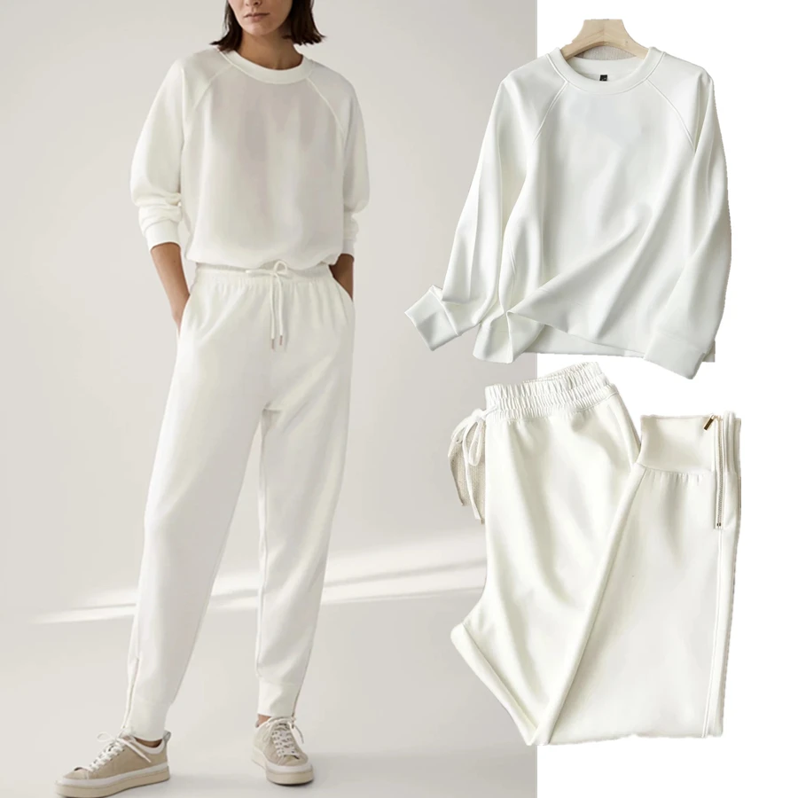 Maxdutti Winter Hoodies Women England Simple Fashion O-neck Loose Harem Jogger Pants 2 pieces sets Sweatshirt Pullovers Tops