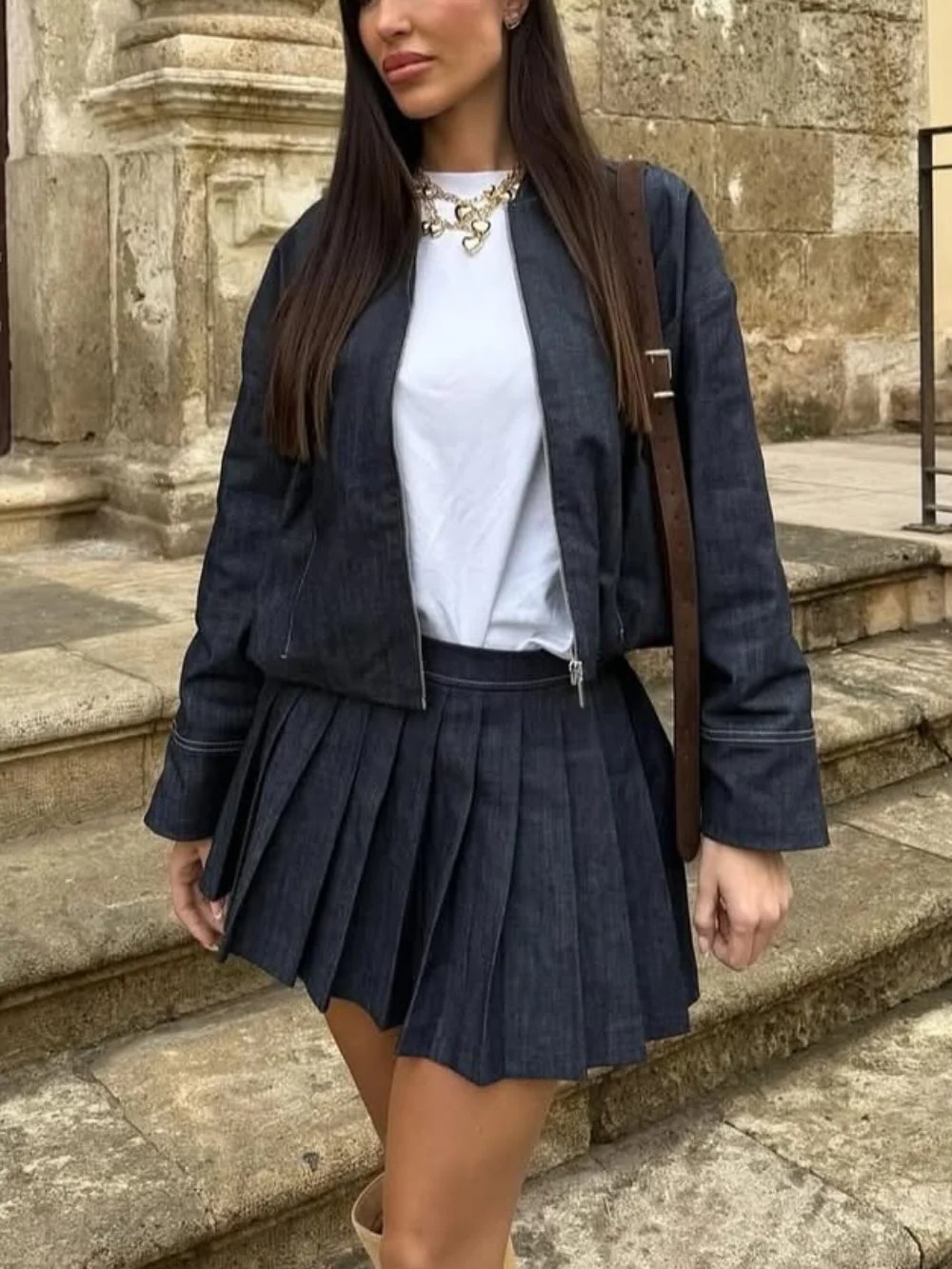 Casual Vintage Denim Loose Women Suit O Neck Zipper Bomber Jacket Pleated Mini Skirt Fashion Spring Summer Retro Outfit