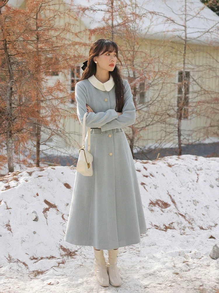 French Vintage Woolen Overcoat for Women Winter Slim Fit Elegant Long Sleeve Dress Style Coat Petite-Friendly Classic Outerwear
