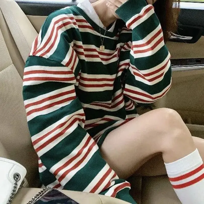 Contrasting Colors Vintage Striped Sweatshirts Autumn New American Round Neck Female Clothing Loose Casual Long Sleeve Hoodies