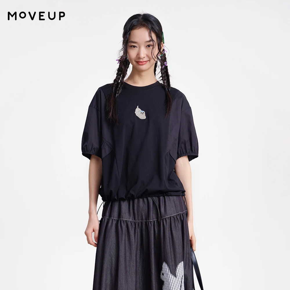 MOVEUP Short-Sleeve T-Shirt for Women Spring 2026 Embroidered Puff Sleeve Kitted Tees Adjustable Hem Loose Casual Top 3ELC10530