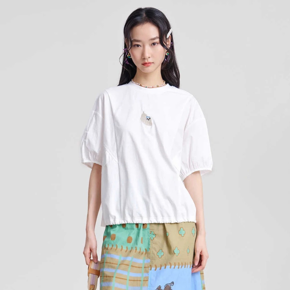 MOVEUP Short-Sleeve T-Shirt for Women Spring 2026 Embroidered Puff Sleeve Kitted Tees Adjustable Hem Loose Casual Top 3ELC10530