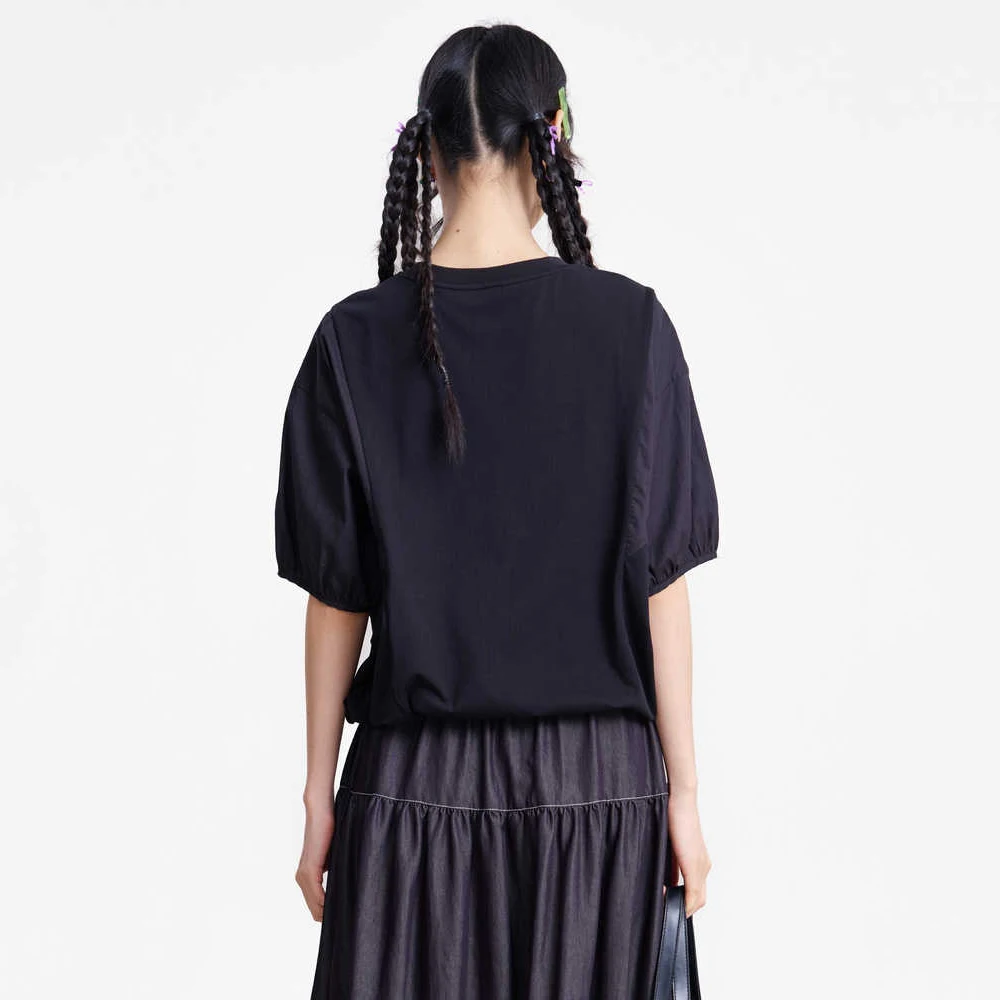 MOVEUP Short-Sleeve T-Shirt for Women Spring 2026 Embroidered Puff Sleeve Kitted Tees Adjustable Hem Loose Casual Top 3ELC10530