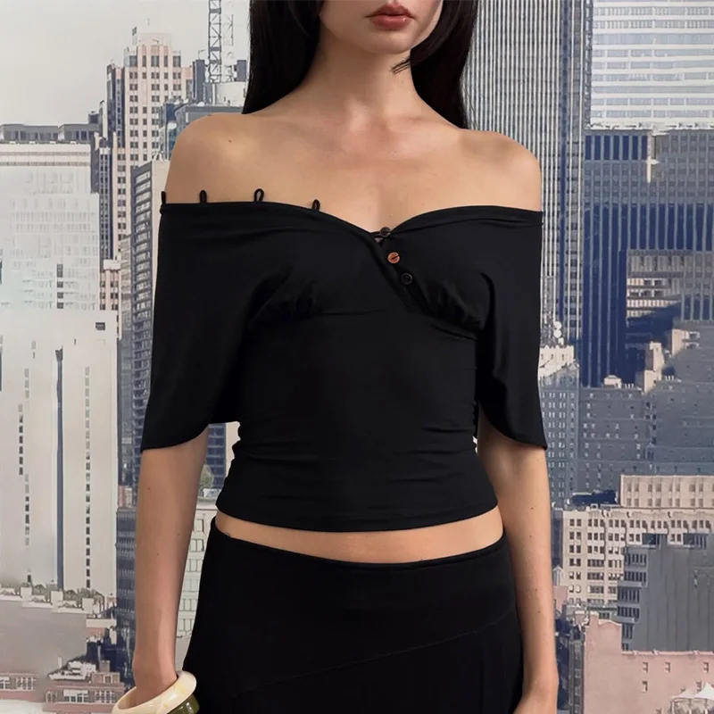 TARUXY Sexy Deep V-Neck T-Shirt Women's Adjustable Button Solid Slim Short-Sleeved Streetwear Top Summer Casual Fashion T-Shirt