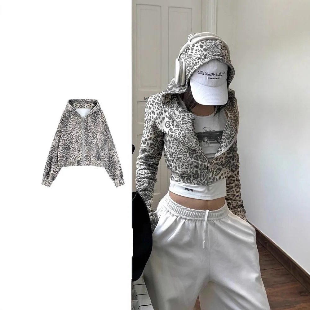 Y2k Leopard Print Hoodie Women American Retro Zipper Slim Fit Short Jacket Autumn Street Long Sleeve Sweatshirt Tops