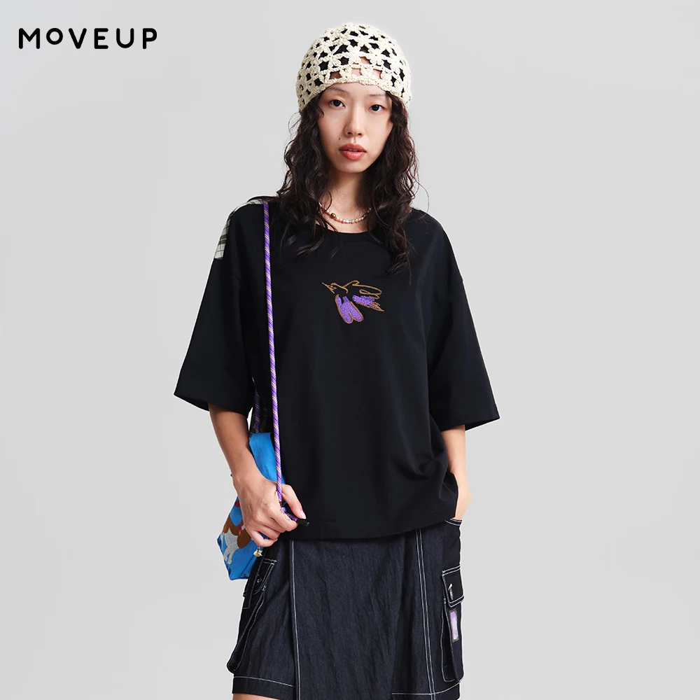 MOVEUP Short-Sleeve Crew Neck T-Shirt for Women Spring 2026 New Cartoon Bird Embroidery Adjustable Button Buckle 3ELC10513