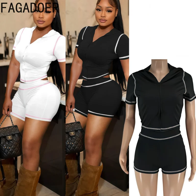FAGADOER Casual Sporty 2 Piece Sets Woman Outfit  for Woman Solid Zip Hooded Jacket Top and Shorts Matching Suit Streetwear New
