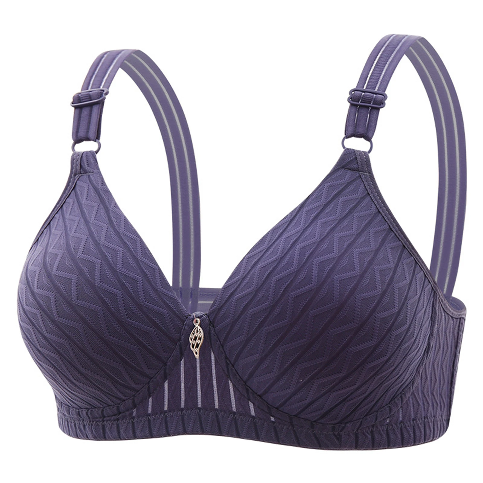 Stylish Wireless Women Bra Adjustable Straps Navy Blue Bra Trendy Chevron Pattern Underwear Decorative Pendant Textured Lingerie