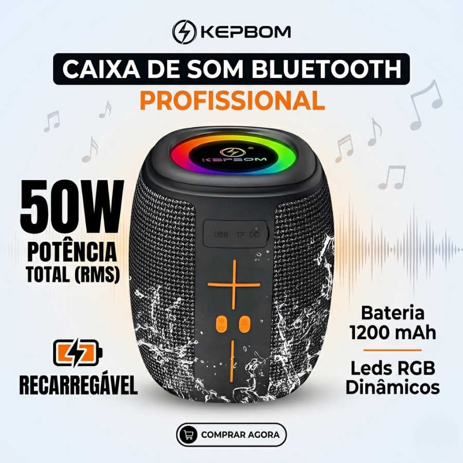 Caixa de Som Portátil a Prova de Água IPX4 Recarregável Bluetooth KA-8196 50W TWS LED USB SD FM com Graves Potentes