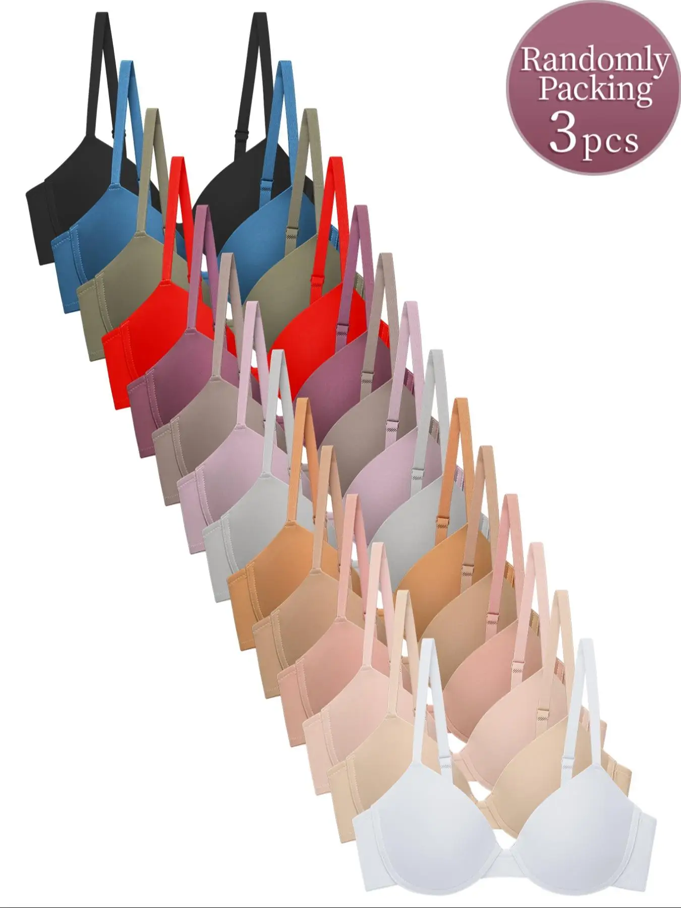 Women’s Simple Push-Up Bra Set Random 3-Pack Adjustable Straps Back Closure Soft Breathable Thin Lined Bra for Summer Beach Wear
