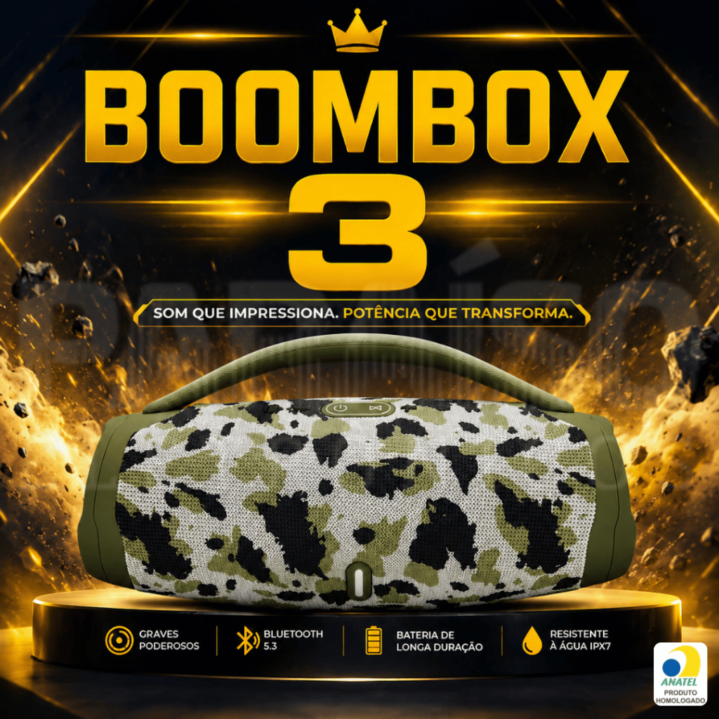BOOMBOX 3 Caixa de Som 50W / 20W Potente Grande Bluetooth Portátil Rádio FM Pen Drive TWS Micro SD