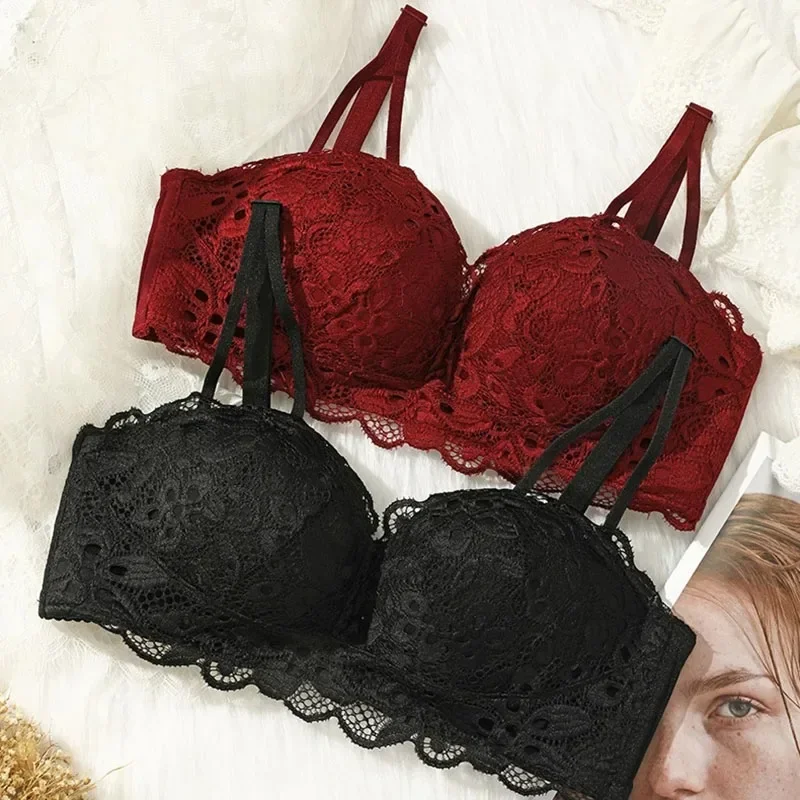 Wirel Bra Set for Young Women Gathered Small Chest Adjustable Sexy Summer Underwear Nylon Fabric Lace Design V-Ne Bra
