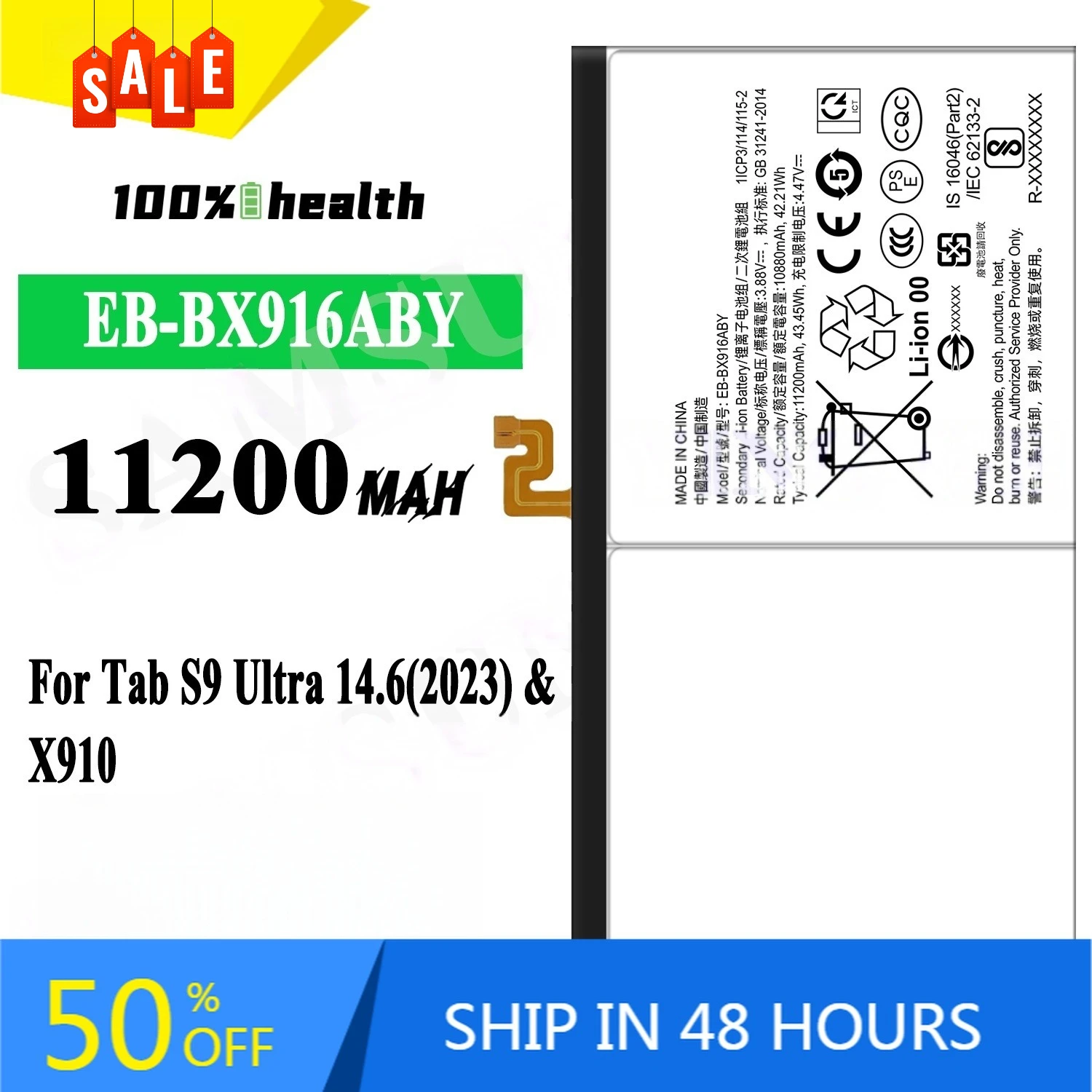 EB-BX916ABY 11200mAh Tablet Battery for Samsung Tab S9 Ultra 14.6(2023) X910 Rechargeable Battery