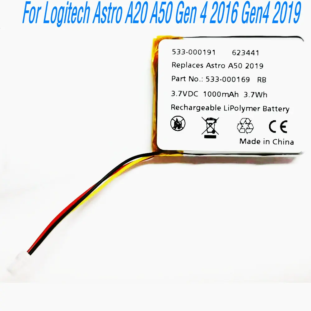 533-000191 533-000169 Lithium ion Polymer Rechargeable Battery For Logitech ASTRO Gaming A50 A20 Wireless Headset 1000mAh 3.7V