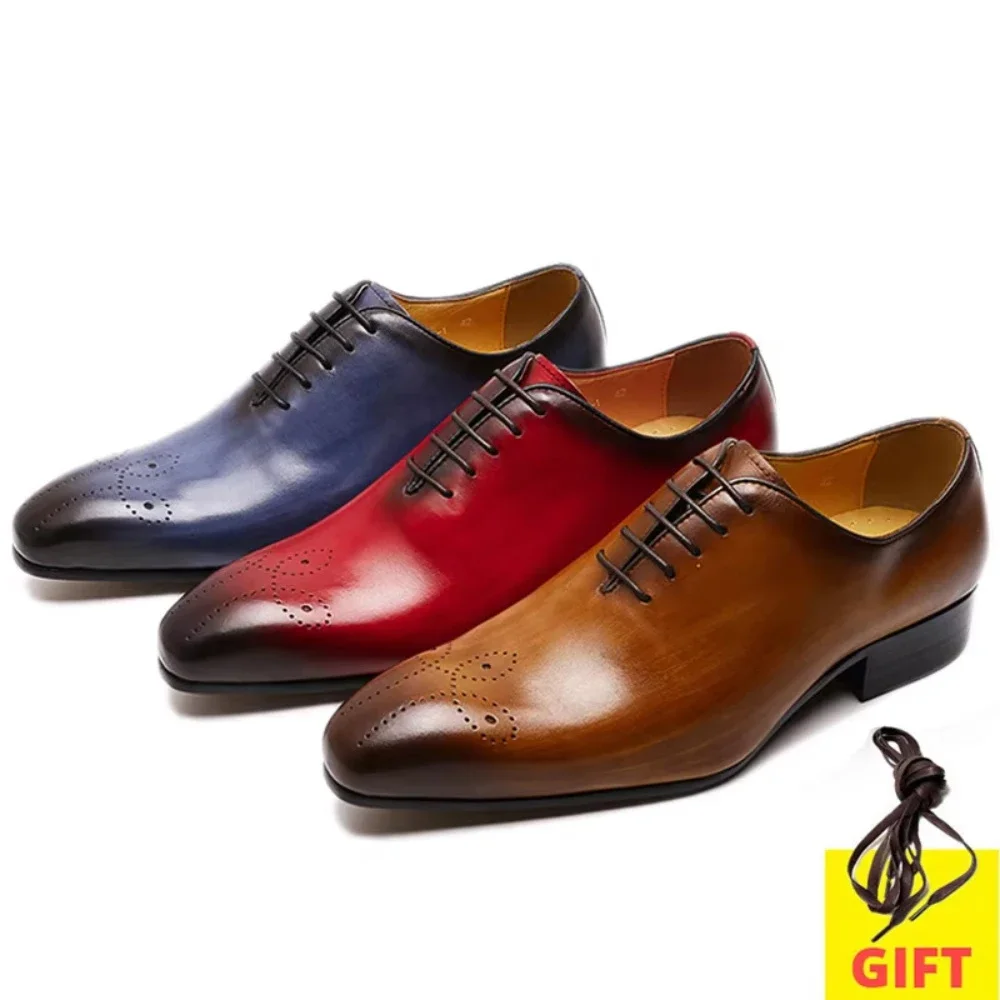 Mens Oxford Genuine Leather Shoes Whole Cut Fashion Pointed Toe Lace-up Formal Business Wedding Dress Shoes for men
