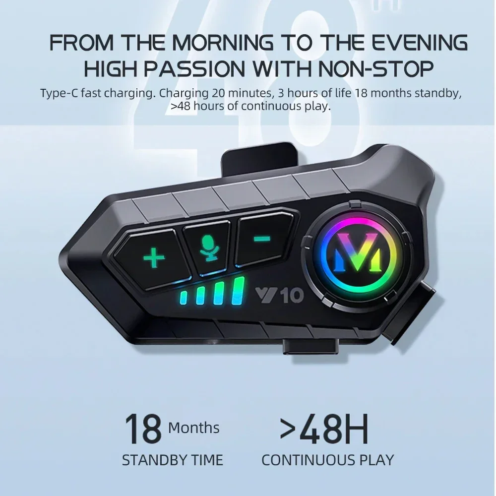 Y10 Motorcycle Helmet Headset Stereo Voice Control Bluetooth 5.3 Hands Free Call IPX6 Waterproof 1000mAh With Ambient Light