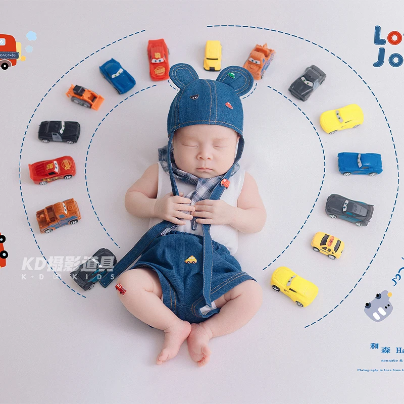 Cute Driver Photography Props Baby Denim Shorts+ White Sleeveless T-shirt+ Hat, 15 Mini Car Props, Infant Full-Moon Photo Outfit