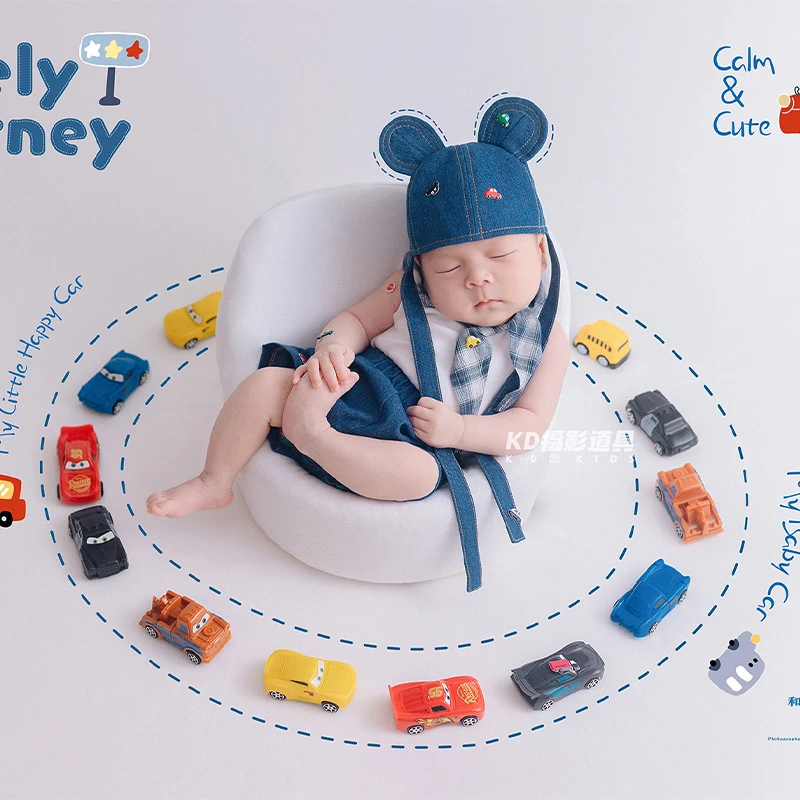 Cute Driver Photography Props Baby Denim Shorts+ White Sleeveless T-shirt+ Hat, 15 Mini Car Props, Infant Full-Moon Photo Outfit