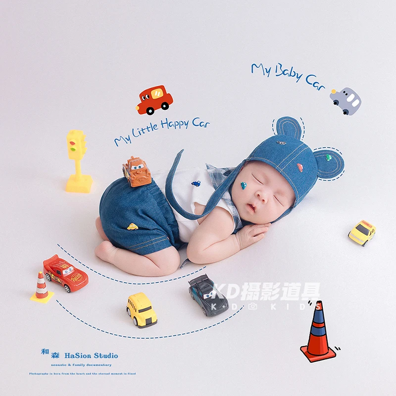 Cute Driver Photography Props Baby Denim Shorts+ White Sleeveless T-shirt+ Hat, 15 Mini Car Props, Infant Full-Moon Photo Outfit