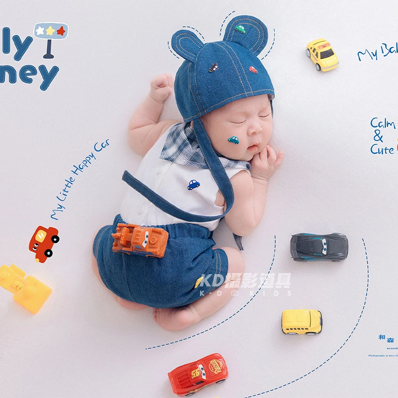 Cute Driver Photography Props Baby Denim Shorts+ White Sleeveless T-shirt+ Hat, 15 Mini Car Props, Infant Full-Moon Photo Outfit