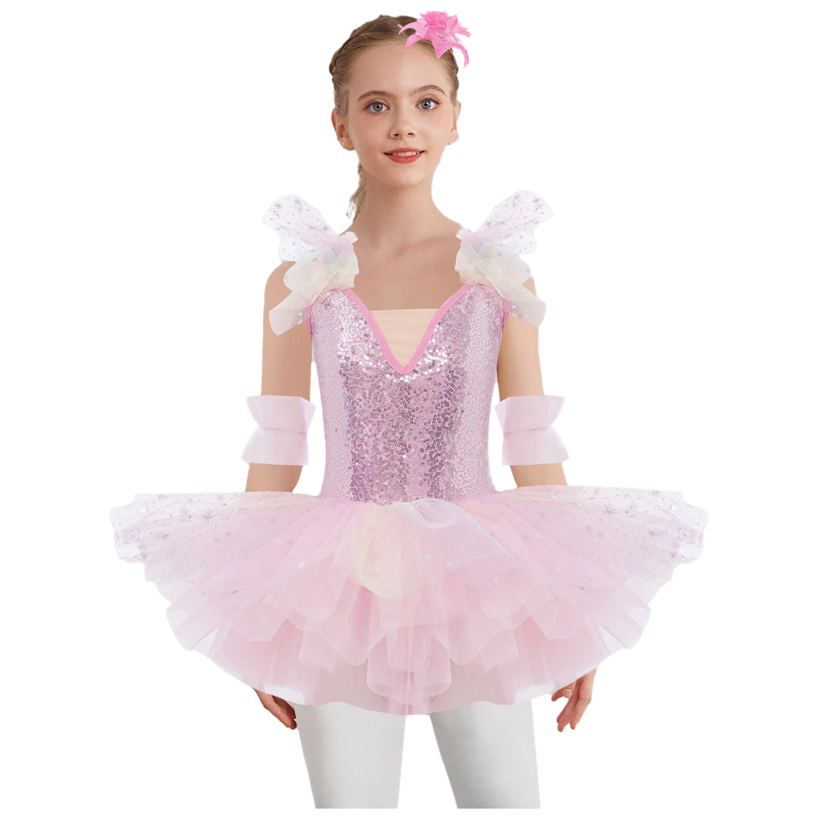 Girls Sequin Ballet Tutu Dress Ruffled Sleeves Adjustable Shoulder Straps Tulle Dress And Headwear Cuffs Ballerina Leotard Dress
