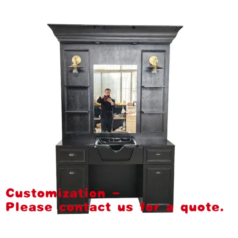 custom.Modern Black Wood Barber Shop Styling Station Makeup Hairdressing Mirror with Cabinet Mall