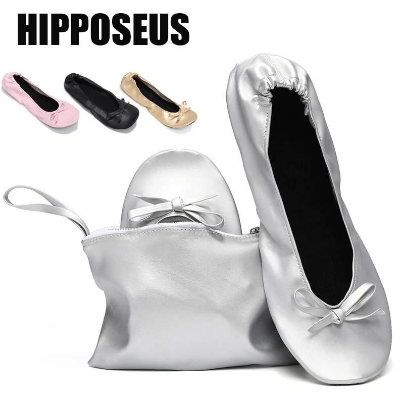 Women's Foldable Portable Ballet Flats Soft Sole Roll Up Slippers Slip On  Comfy Dancing Flat Shoes  with Bag for Travel Wedding