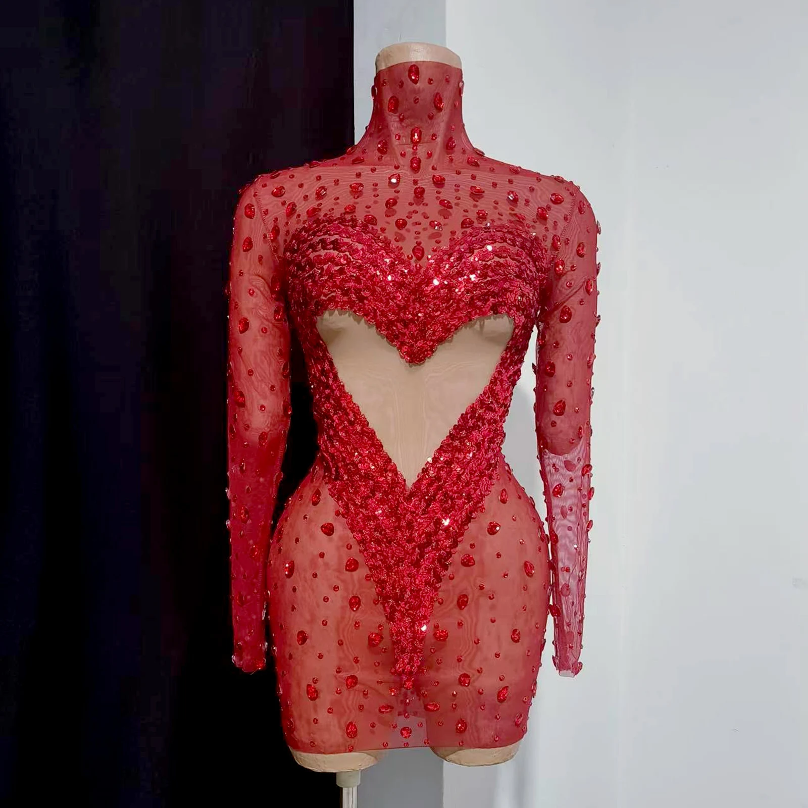 Crystals Stones Sequins Skirt Mesh Stretch Dance Long Sleeves Dress Evening Birthday Celebrate Stage Wear Performance Drag Queen