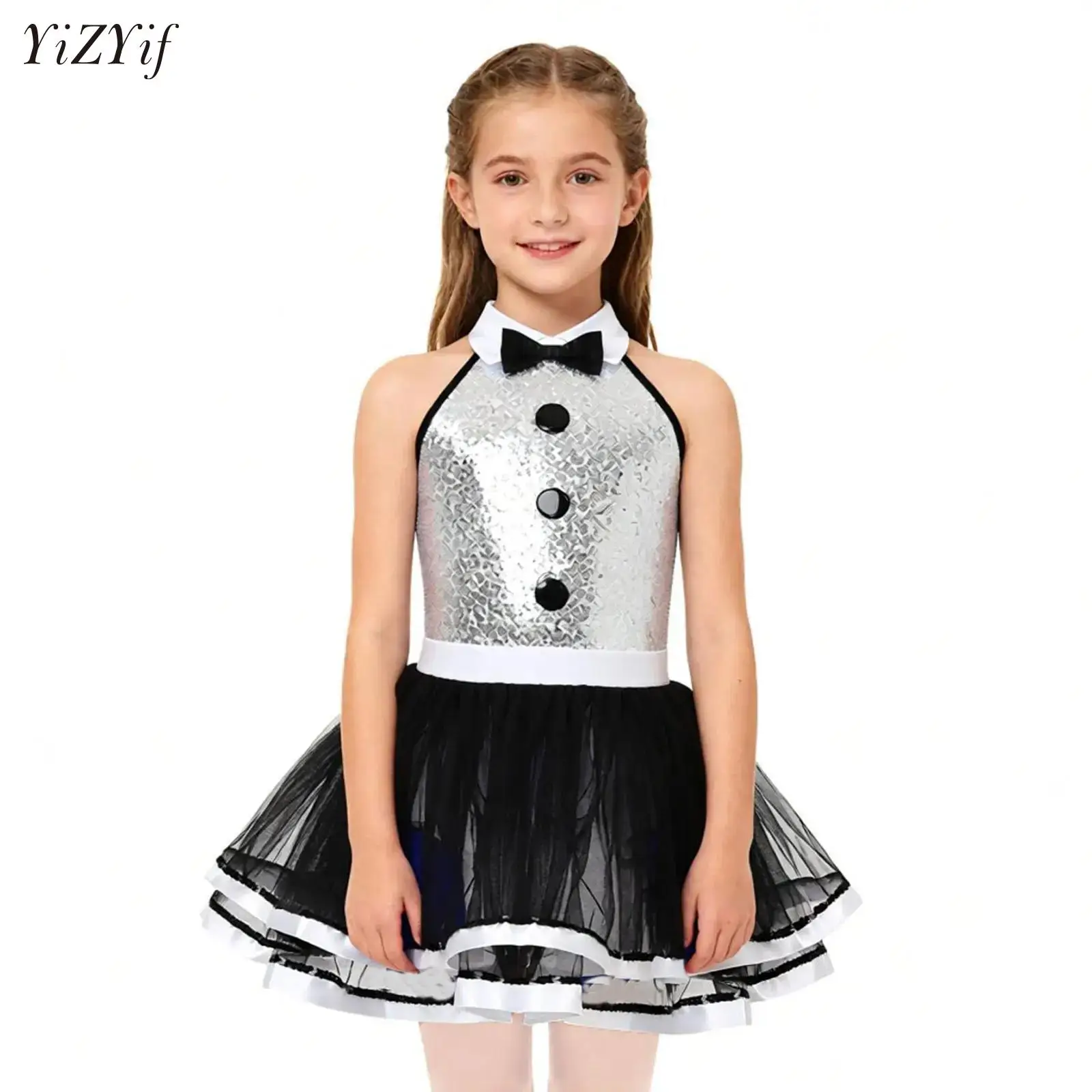 Kids Girls Shiny Sequin Dance Dress Tutu Ballet Gymnastics Leotards Halter Buttons Modern Jazz Latin Dance Performance Dancewear