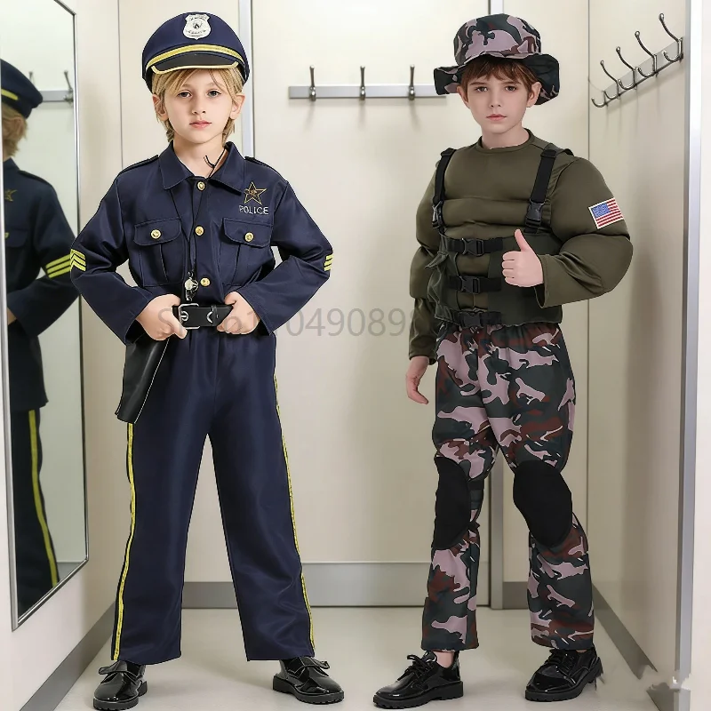 Enfant Cosplay Police Outfits Makeup Party Performance Dress Up Camouflage Uniform Unisex World Book Day School Satge Costume