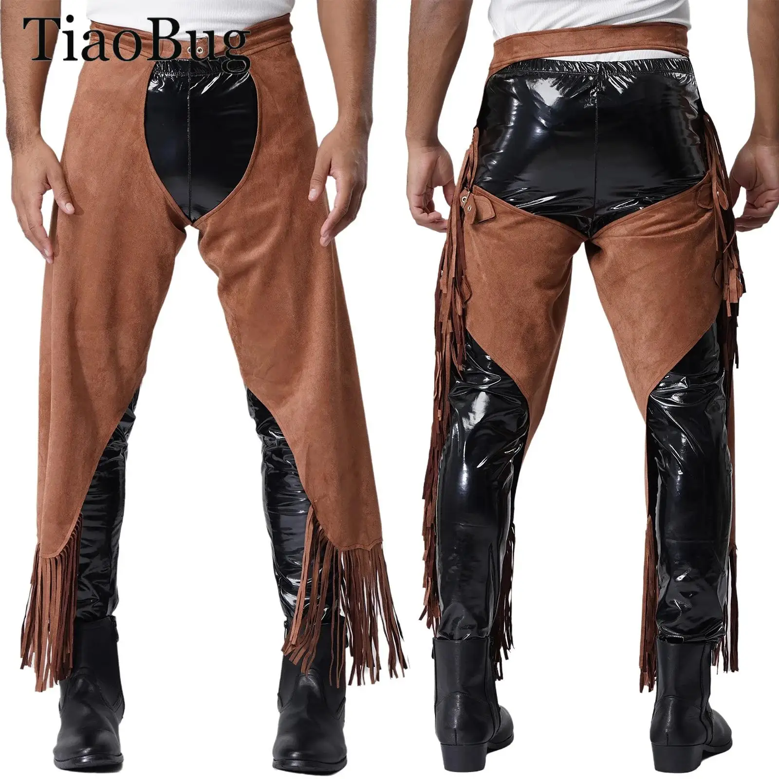 Men Western Cowboy Chaps Adjustable Buckles Split Fringed Suede Open Crotch Pants Motorcycle Biking Trousers Halloween Dress Up
