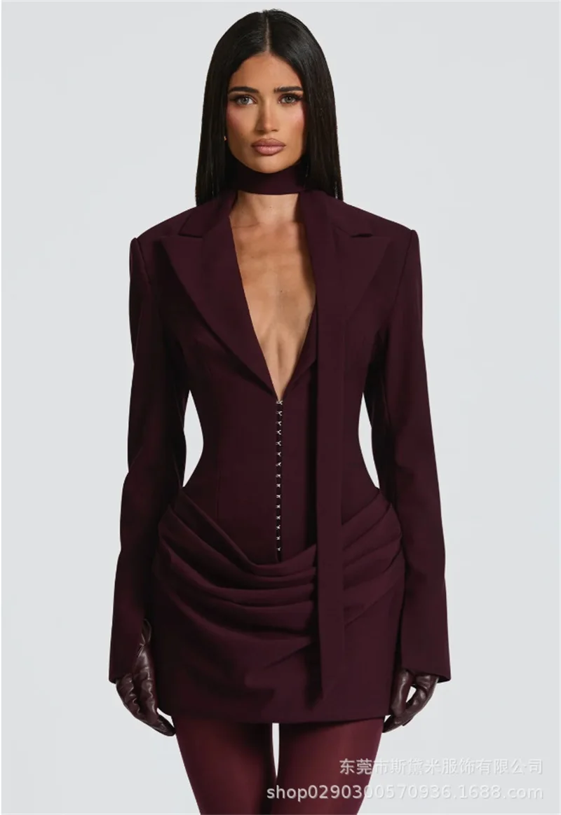 Long Scarf Women Suit 1 Piece Blazer With Back Stripe Sexy V Neck Ruffles Short Mini Party Gown Formal Office Lady Jacket Coat