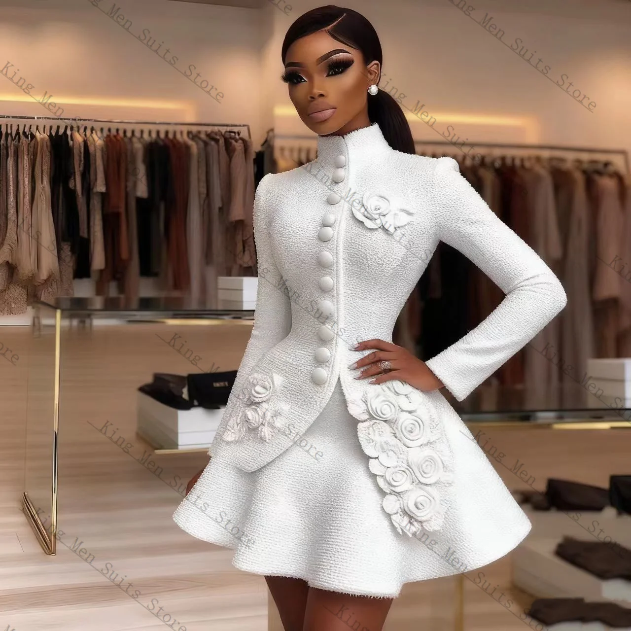 Luxury White Women Suit Set 2 Pcs Blazer+Short Mini Prom Dress 3D Flower Customized Formal Guest Wedding Tuxedos Coat Jacket