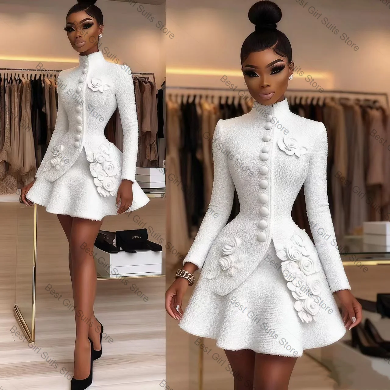 White Women Suit Skirt Set 2 Piece Blazer+Short Mini Prom Dress 3D Flower Formal Office Lady Jacket Customized Prom Wedding Coat