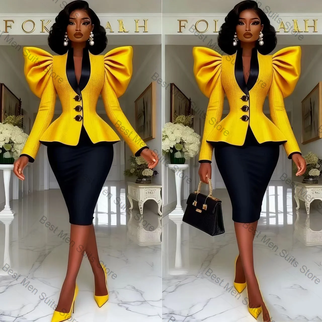 Yellow Black Women Suit Set 2 Pcs Blazer+Short Mini Prom Dress Formal Office Jacket Customized Wedding Tuxedo Guest Coat