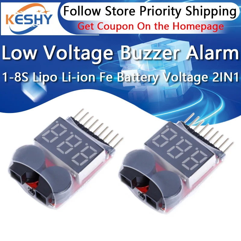 New 1-8S Lipo Li-ion Fe Battery Voltage 2IN1 Indicator Tester Low Voltage Buzzer Alarm For RC Car Boat LED 3.7-30V Dual Speaker