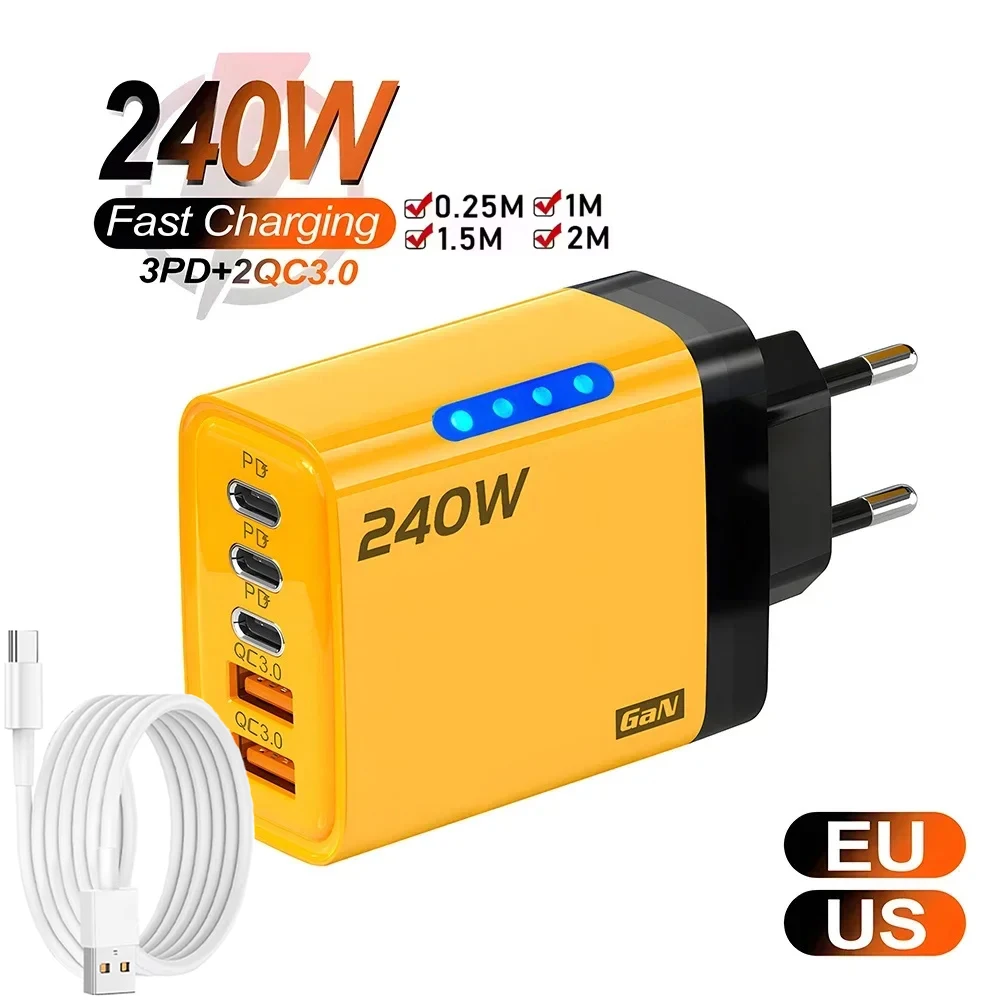 5 in 1 USB C GaN Charger 240W Fast Charging Adapter 10A USB To Type C Cable 3PD 2USB QC3.0 Charger for iPhone 16 Samsung Xiaomi