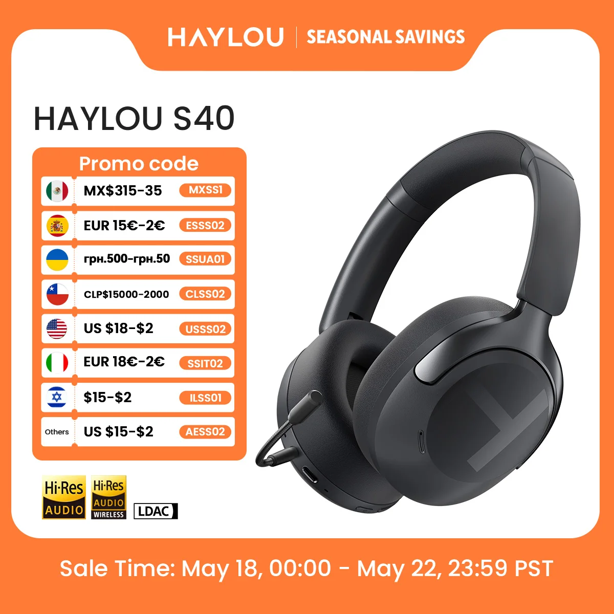 HAYLOU S40 ANC Wireless Headphone 50dB Noise Canceling Hi-Res 3D Spatial Audio Earphone with LDAC Bluetooth 6.0 Over Ear Headset