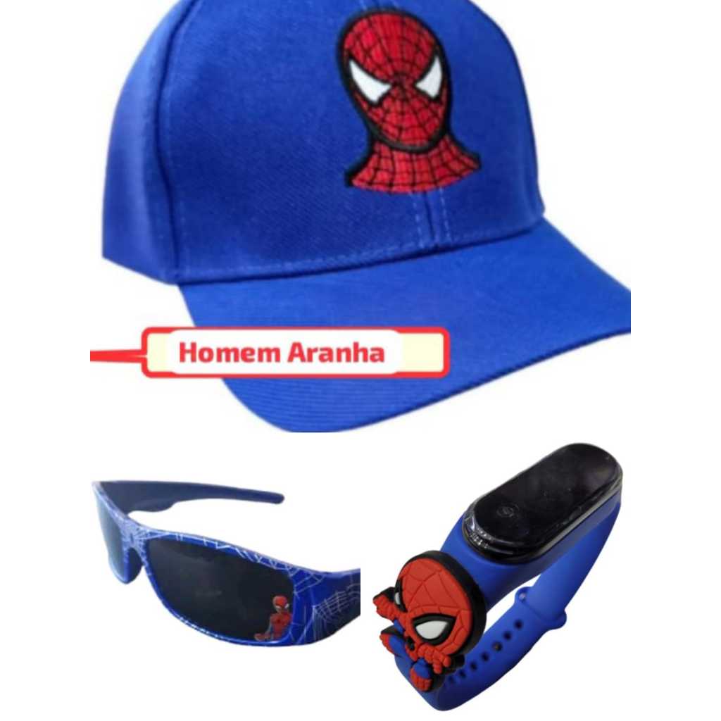 Bone bordado oculos e relogio digital a prova d agua infantil masculino do homem aranha azul , kit 3 em1 lancamento