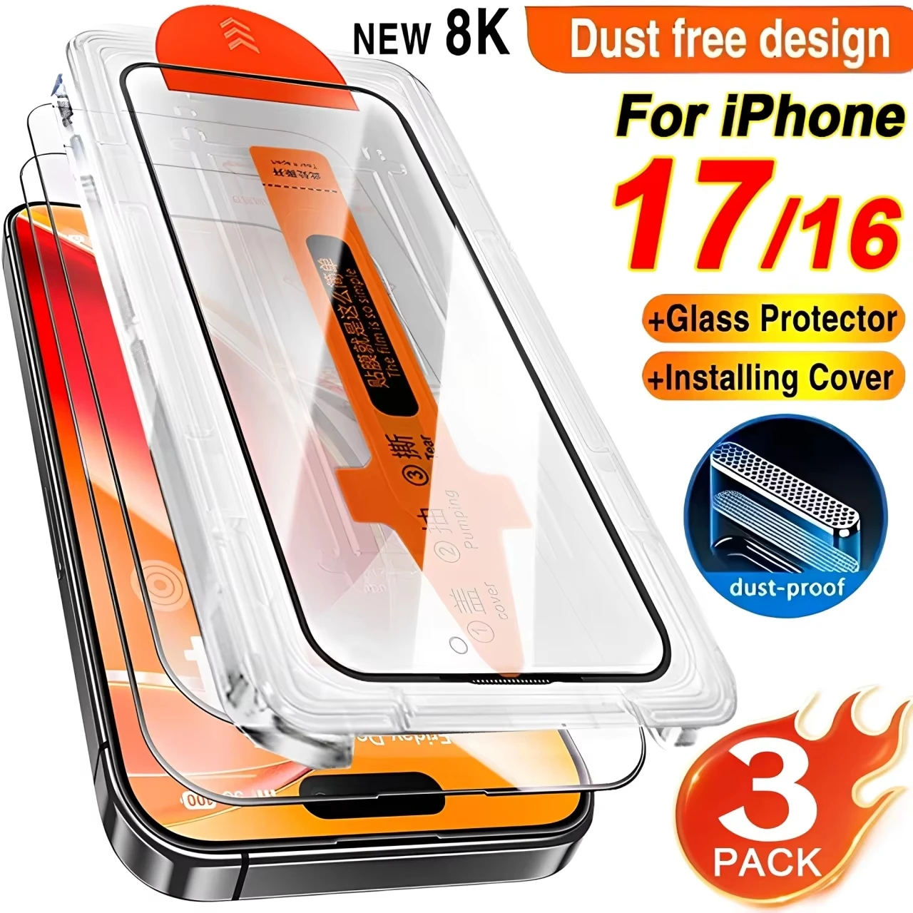 1-3Pcs HD Screen Protector for iPhone 17 Pro Max 16 15 14 13 12 Mini 11 16e 15 16 Plus XR XS 6 7 8 Dust Free Installation Glass 