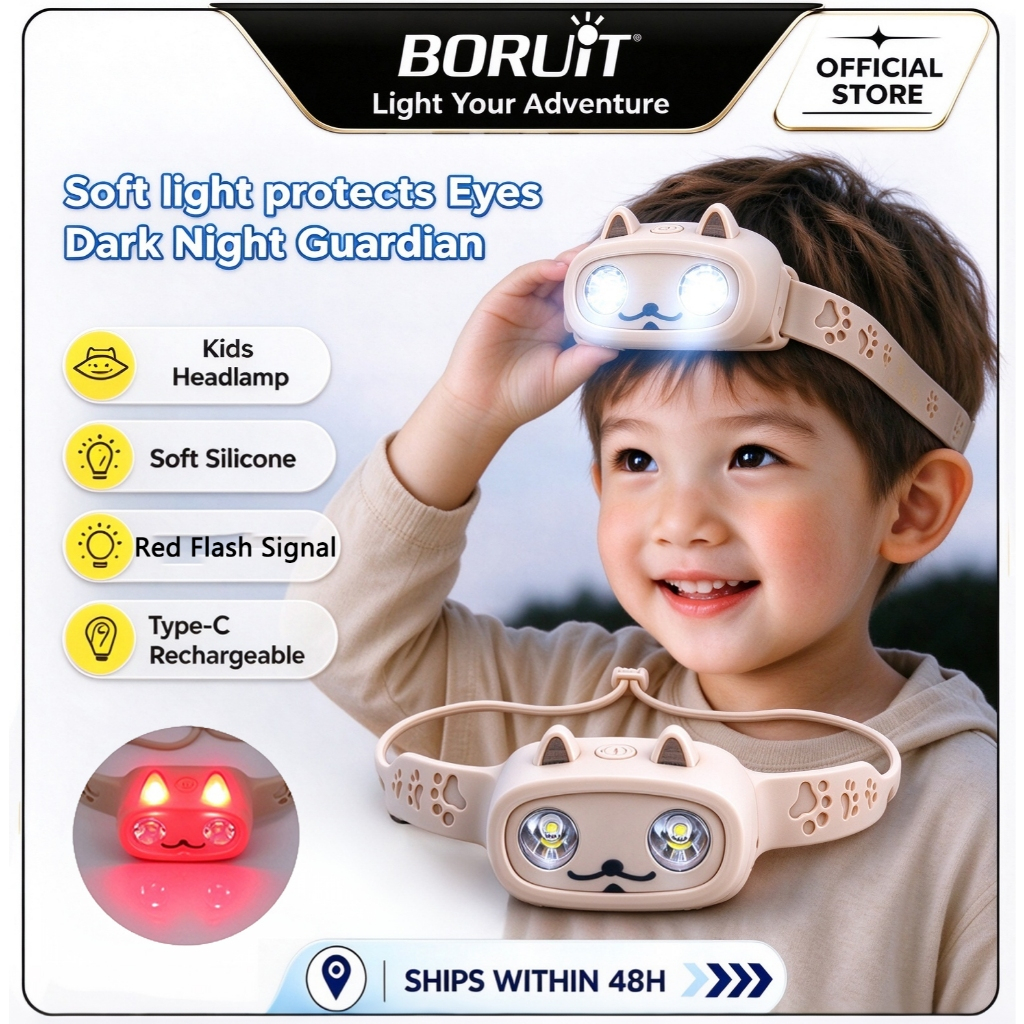 BORUIT Crianças Farol Bonito Gato Silicone Cabeça Luz Tipo-C Recarregável LED Acampamento Leitura Presente De Emergência