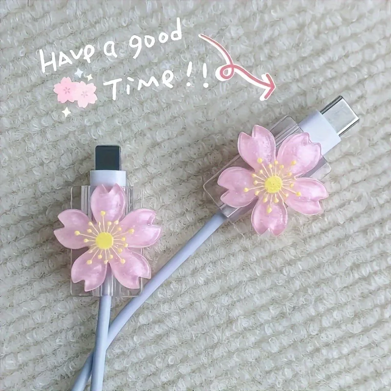 2pcs Cartoon Cable Protector Cute Flowers USB Charger Protector Cable Organizer Kawaii Data Line Cord Cable Winder For iPhone