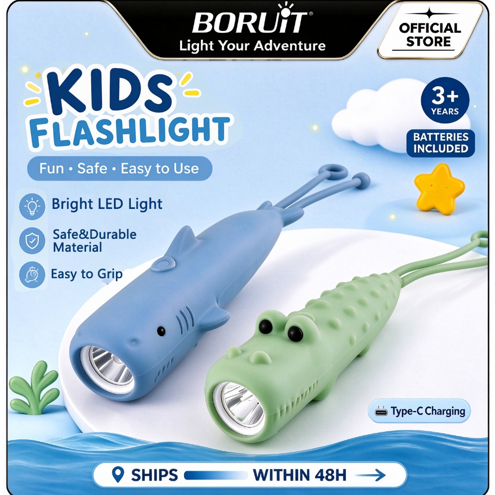 Lanterna Animal Infantil BORUIT Recarregável Tipo C De Crocodilo E Tubarão , Leve De Silicone Para Meninos Meninas , Aca