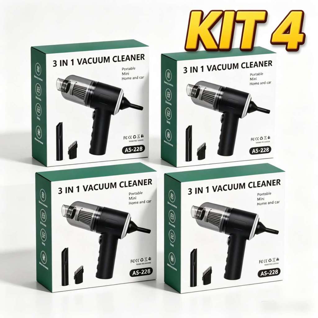 kit 4 Mini Aspirador de Pó Portátil Automotivo Casa Sem Fio 3 em 1 Recarregável Potente 6000Pa