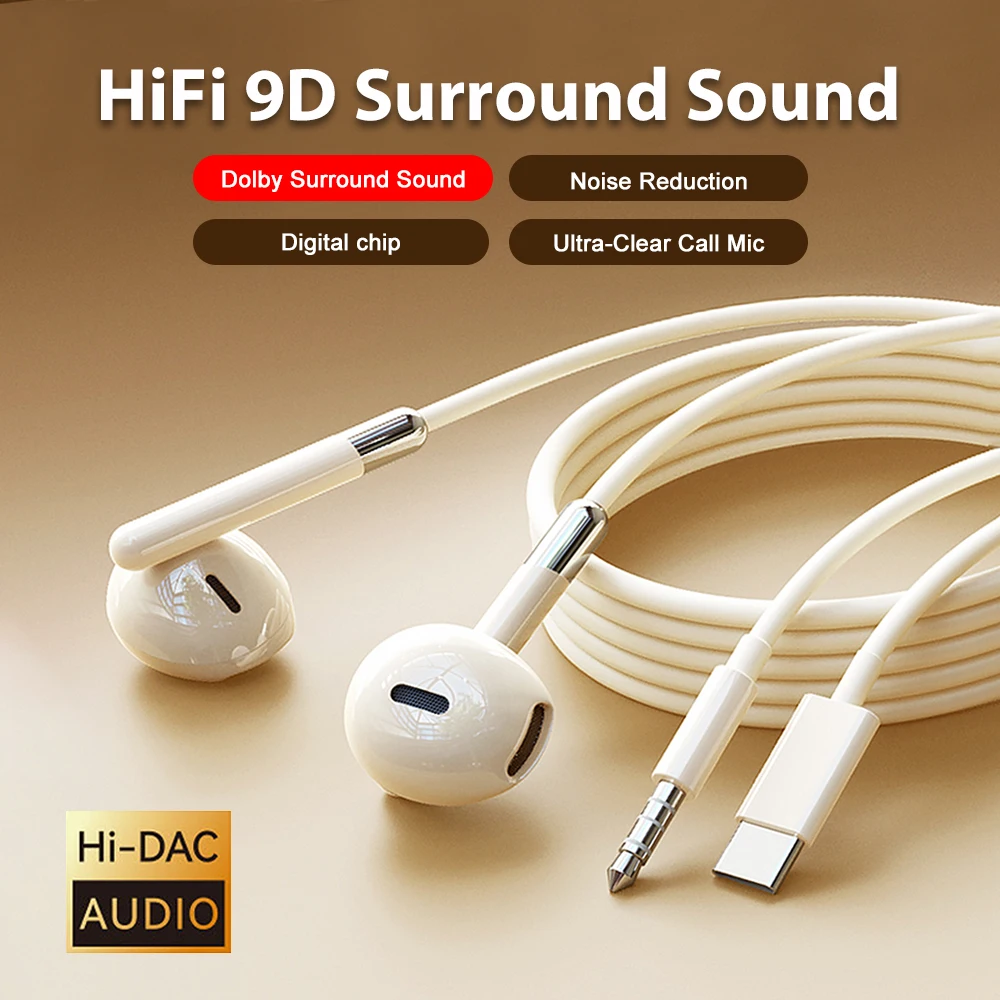Type C Wired Headphones HiFi Stereo Surround Sound 3.5mm Earphones USB C Music Headset For Samsung Galaxy S24 S23 S22 iPhone 16