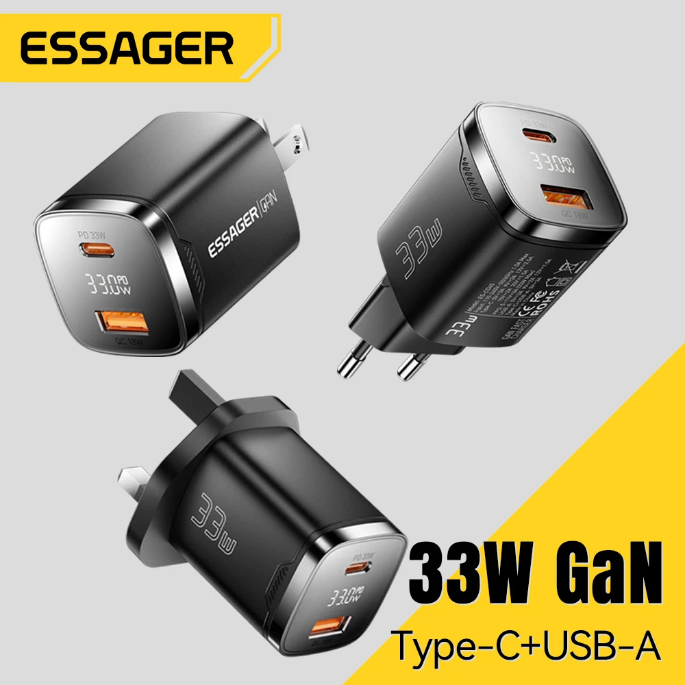 Essager 33W GaN USB Type C Charger Digital Display PD Fast Charging For  iPhone 16 15 14 Pro Max iPad Mini 6 Xiaomi Samsung S22