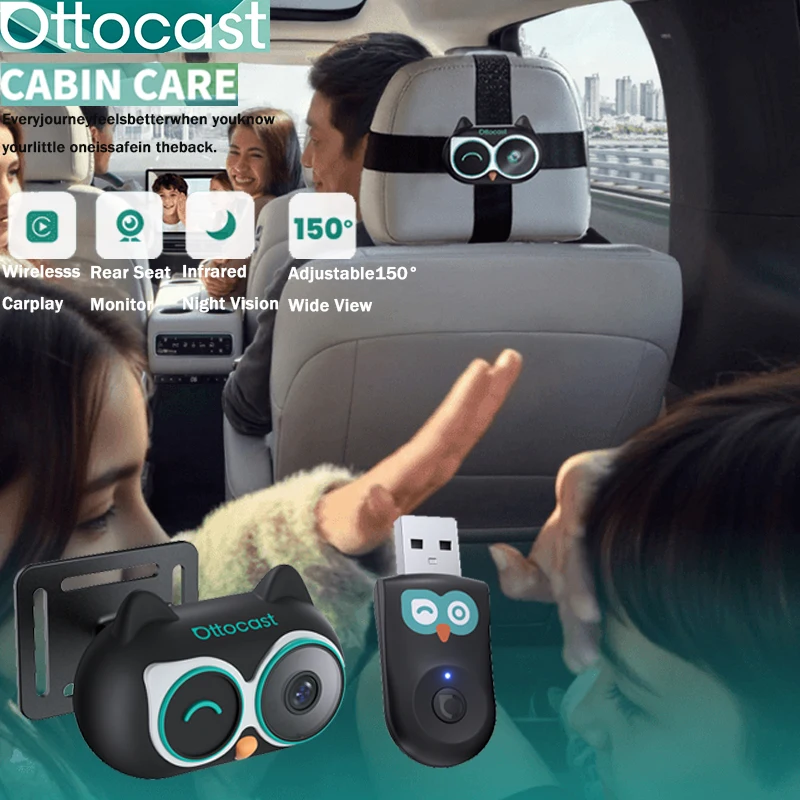 Ottocast Cabin Care Wireless CarPlay Adapter Baby Car Camera 1080P HD 150° Wide-angle Night Vision Backseat Monitor for 98% Car