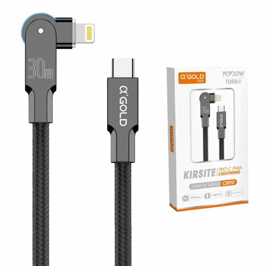 Cabo Carga e Dados Celular Tipo C Lightning IOS Turbo 30w Ponta Rotação 180° Gamer A'Gold CB-90 Carregador USB C Iphone