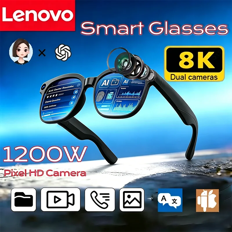 Lenovo 8K Camera AI Smart Glasses Touch Control Photo Recording Translator Voice Assistant Music Wireless Bluetooth Sunglasses